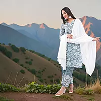 Women's Grey Pure Cotton Straight Embroidered Chikankari Salwar Suit Set