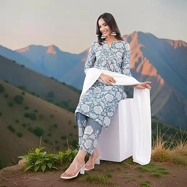 Women's Grey Pure Cotton Straight Embroidered Chikankari Salwar Suit Set