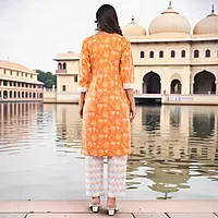 Women's Orange Pure Cotton Straight Calf Length Floral Paisley Printed Salwar Suit Set