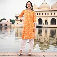 Women's Orange Pure Cotton Straight Calf Length Floral Paisley Printed Salwar Suit Set