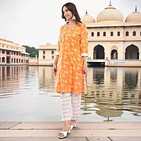 Women's Orange Pure Cotton Straight Calf Length Floral Paisley Printed Salwar Suit Set