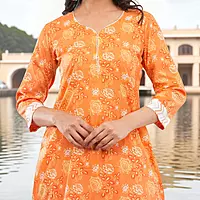 Women's Orange Pure Cotton Straight Calf Length Floral Paisley Printed Salwar Suit Set