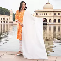 Women's Orange Pure Cotton Straight Calf Length Floral Paisley Printed Salwar Suit Set