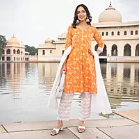 Women's Orange Pure Cotton Straight Calf Length Floral Paisley Printed Salwar Suit Set