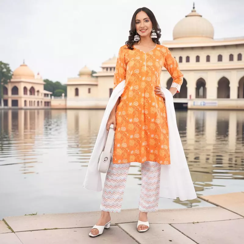 Women's Orange Pure Cotton Straight Calf Length Floral Paisley Printed Salwar Suit Set