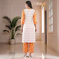 Women's White Pure Cotton Straight Calf Length Geometric Printed Salwar Suit Set