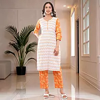 Women's White Pure Cotton Straight Calf Length Geometric Printed Salwar Suit Set
