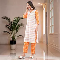 Women's White Pure Cotton Straight Calf Length Geometric Printed Salwar Suit Set