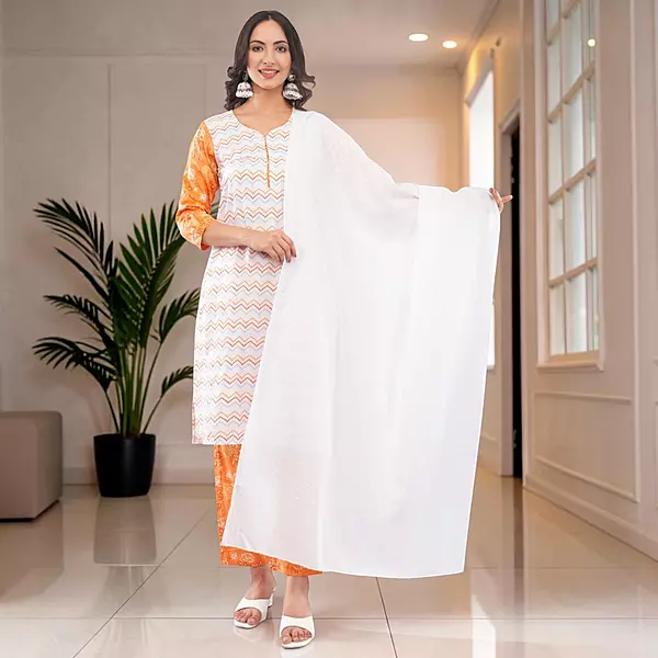 Women's White Pure Cotton Straight Calf Length Geometric Printed Salwar Suit Set