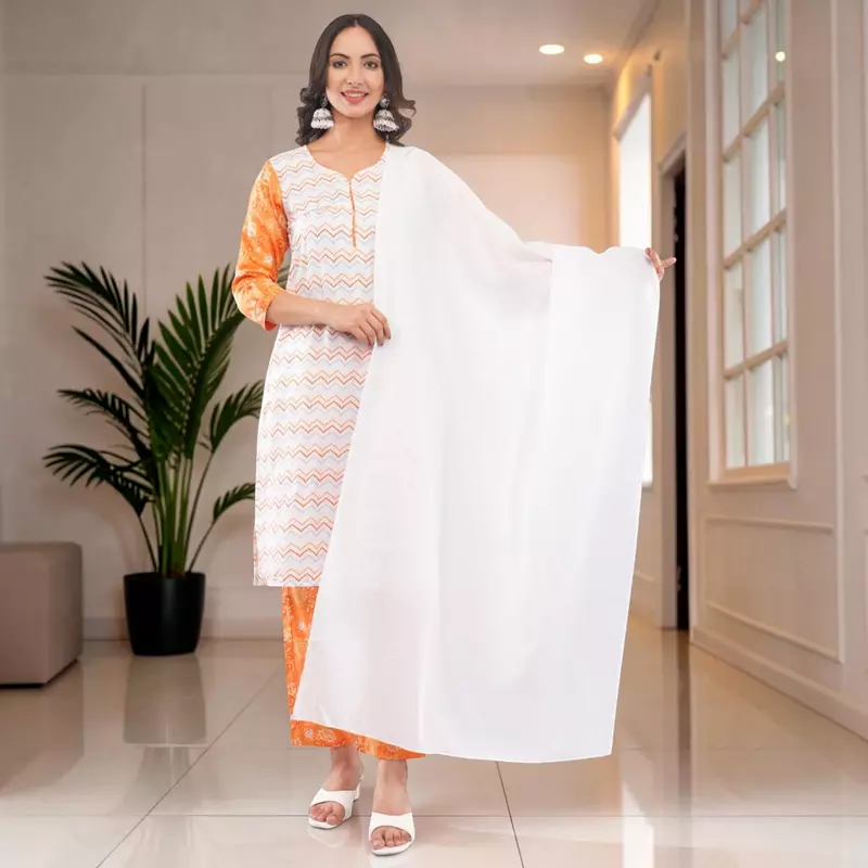 Women's White Pure Cotton Straight Calf Length Geometric Printed Salwar Suit Set