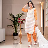 Women's White Pure Cotton Straight Calf Length Geometric Printed Salwar Suit Set