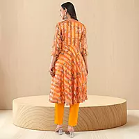 Women's Yellow Organza Straight Calf Length Geometric Printed Salwar Suit Set