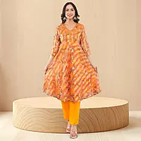 Women's Yellow Organza Straight Calf Length Geometric Printed Salwar Suit Set