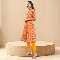 Women's Yellow Organza Straight Calf Length Geometric Printed Salwar Suit Set
