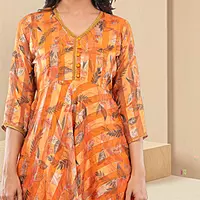 Women's Yellow Organza Straight Calf Length Geometric Printed Salwar Suit Set