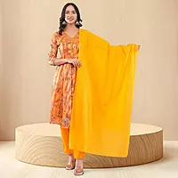 Women's Yellow Organza Straight Calf Length Geometric Printed Salwar Suit Set