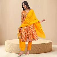 Women's Yellow Organza Straight Calf Length Geometric Printed Salwar Suit Set