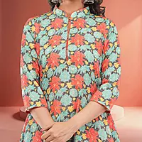 Women's Multicolor Chinon Straight Calf Length Floral Embroidered Salwar Suit Set