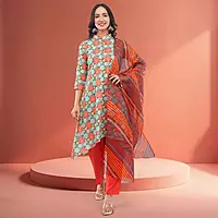 Women's Multicolor Chinon Straight Calf Length Floral Embroidered Salwar Suit Set