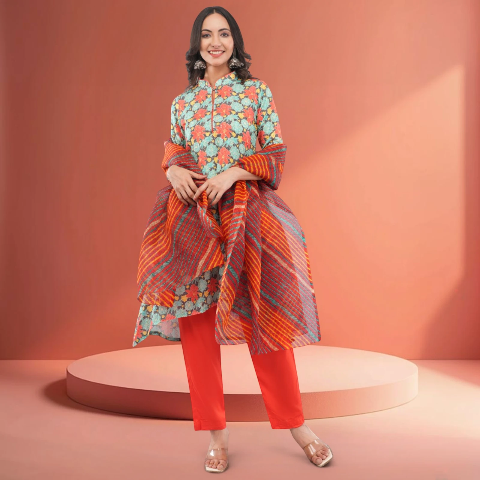 Women's Multicolor Chinon Straight Calf Length Floral Embroidered Salwar Suit Set