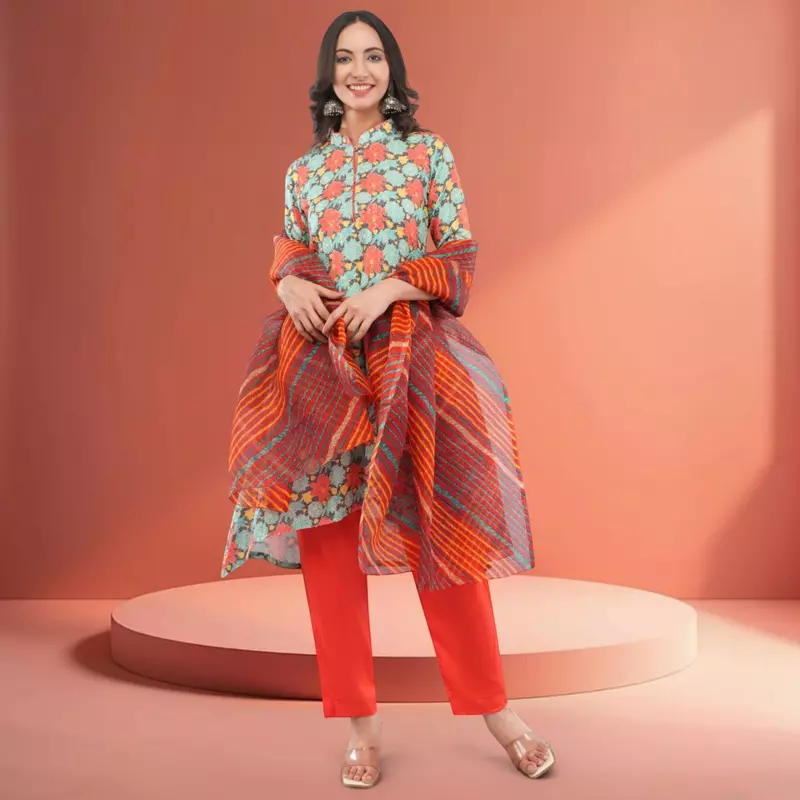 Women's Multicolor Chinon Straight Calf Length Floral Embroidered Salwar Suit Set