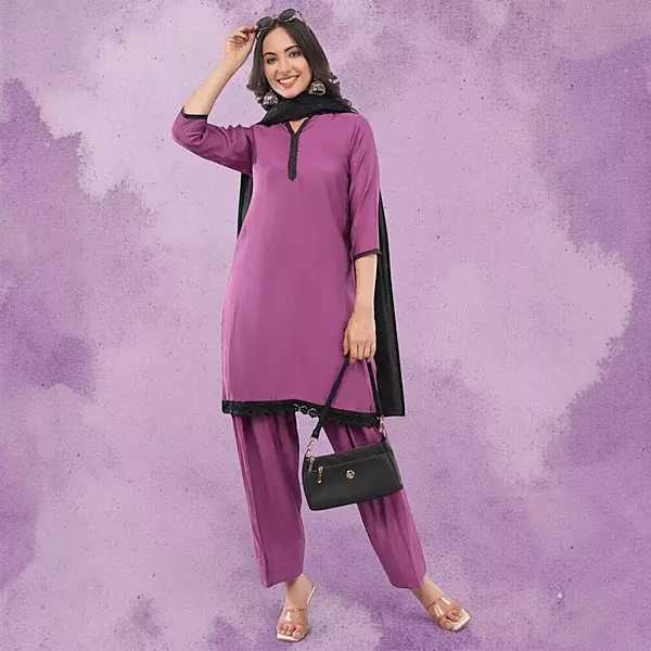 Women's Purple Cotton Silk Patiala Knee Length Solid Salwar Suit Set with Dupatta