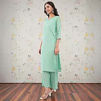 Women's Mint Green Silk Crepe Straight Calf Length Solid Salwar Suit Set with Dupatta