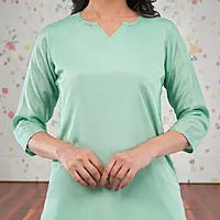 Women's Mint Green Silk Crepe Straight Calf Length Solid Salwar Suit Set with Dupatta