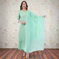 Women's Mint Green Silk Crepe Straight Calf Length Solid Salwar Suit Set with Dupatta