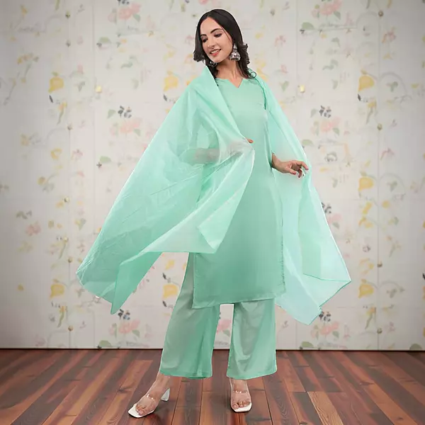 Women's Mint Green Silk Crepe Straight Calf Length Solid Salwar Suit Set with Dupatta