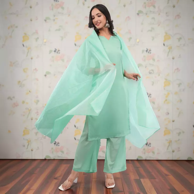 Women's Mint Green Silk Crepe Straight Calf Length Solid Salwar Suit Set with Dupatta