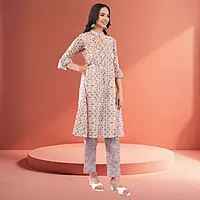 Women Multicolor Cotton Blend Straight Calf Length Geometric Embroidered