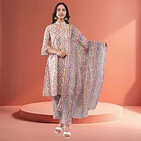 Women Multicolor Cotton Blend Straight Calf Length Geometric Embroidered