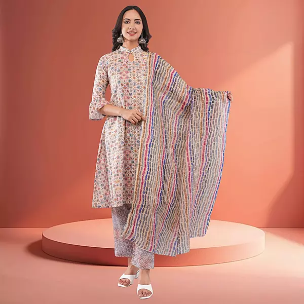 Women Multicolor Cotton Blend Straight Calf Length Geometric Embroidered