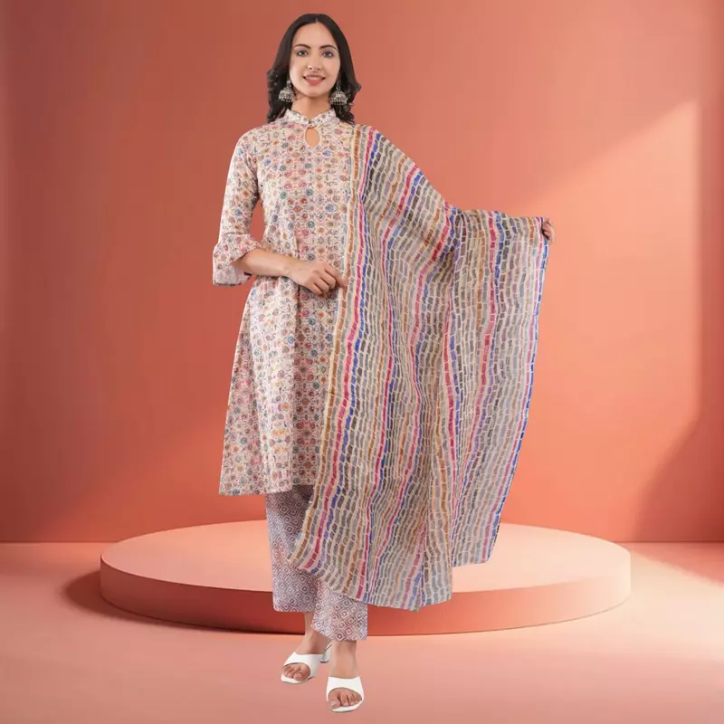 Women Multicolor Cotton Blend Straight Calf Length Geometric Embroidered