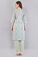 Cotton Salwar Suit Set, Mint Green Floral Print, Embroidered Kurta with Dupatta and Pants, 3-Piece