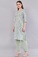 Cotton Salwar Suit Set, Mint Green Floral Print, Embroidered Kurta with Dupatta and Pants, 3-Piece