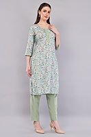 Cotton Salwar Suit Set, Mint Green Floral Print, Embroidered Kurta with Dupatta and Pants, 3-Piece