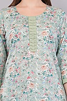 Cotton Salwar Suit Set, Mint Green Floral Print, Embroidered Kurta with Dupatta and Pants, 3-Piece