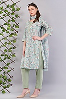 Cotton Salwar Suit Set, Mint Green Floral Print, Embroidered Kurta with Dupatta and Pants, 3-Piece