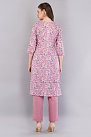Women's Floral Print Embroidered Cotton Salwar Suit Set, Pink, 3-Piece with Dupatta