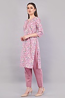 Women's Floral Print Embroidered Cotton Salwar Suit Set, Pink, 3-Piece with Dupatta
