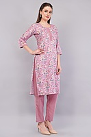 Women's Floral Print Embroidered Cotton Salwar Suit Set, Pink, 3-Piece with Dupatta
