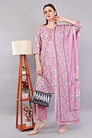 Women's Floral Print Embroidered Cotton Salwar Suit Set, Pink, 3-Piece with Dupatta