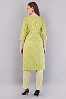 Women's Cotton Salwar Suit Set, Green Printed Kurta with Geometric Pattern Dupatta, 3/4 Sleeve