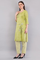Women's Cotton Salwar Suit Set, Green Printed Kurta with Geometric Pattern Dupatta, 3/4 Sleeve