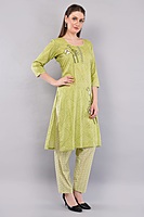 Women's Cotton Salwar Suit Set, Green Printed Kurta with Geometric Pattern Dupatta, 3/4 Sleeve