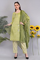 Women's Cotton Salwar Suit Set, Green Printed Kurta with Geometric Pattern Dupatta, 3/4 Sleeve
