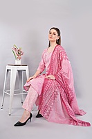 Cotton Salwar Suit Set with Printed Kurta, Pant and Dupatta, Pink