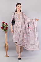 Cotton Chikan Work Salwar Suit Set, Floral Embroidery, Lilac Grey with Matching Dupatta